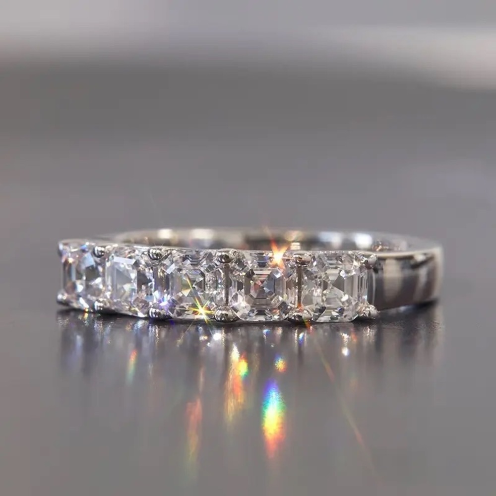 VVS1 Asscher Cut Lab Dia Prong Half Eternity 925 Silver Wedding Band Ring